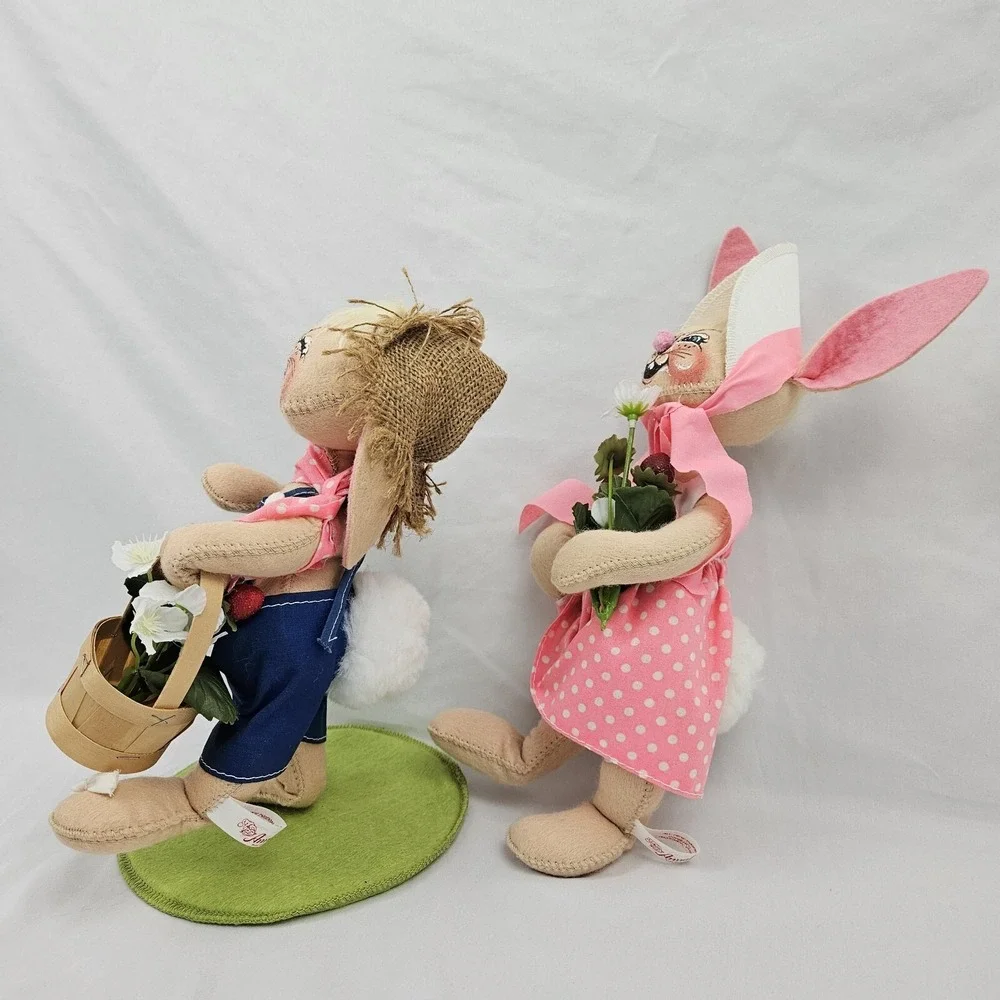 Annalee Mobility Dolls Farmer Rabbit Boy Girl Bunny Plush Vintage Easter